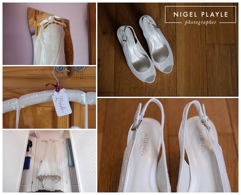 A photography collage featuring wedding shoes and dresses.