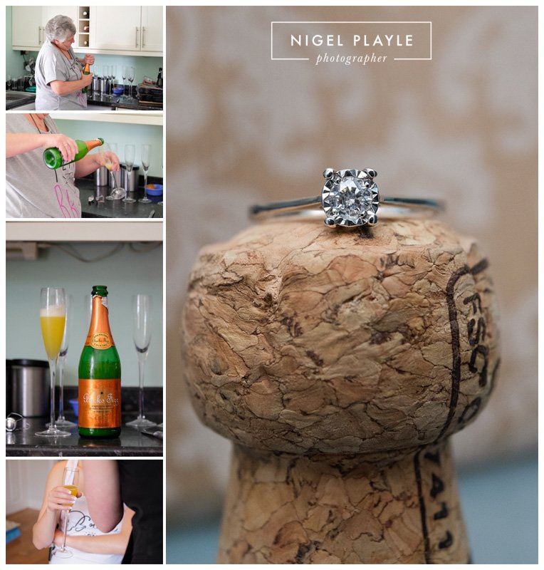A collection of wedding photographs showcasing a stunning wedding ring and elegant champagne bottle.