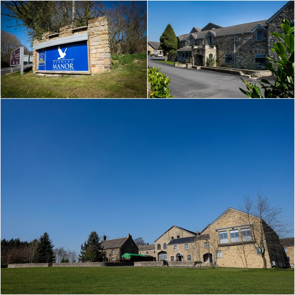 A collage of wedding photography showcasing a building with a blue sign.