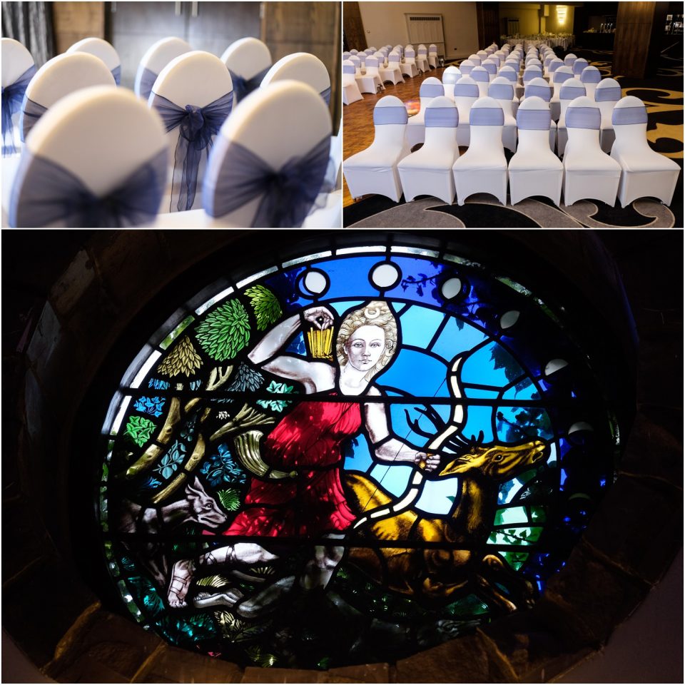 A collage of pictures capturing the elegance and joy of a wedding ceremony, featuring stunning blue sashes and a mesmerizing stained glass window.
