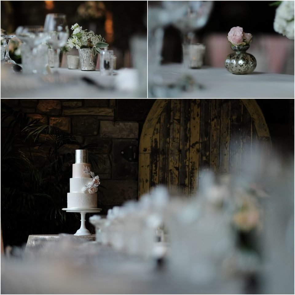 Four stunning wedding photos capturing a beautifully decorated table adorned with an exquisite cake and elegant flowers.