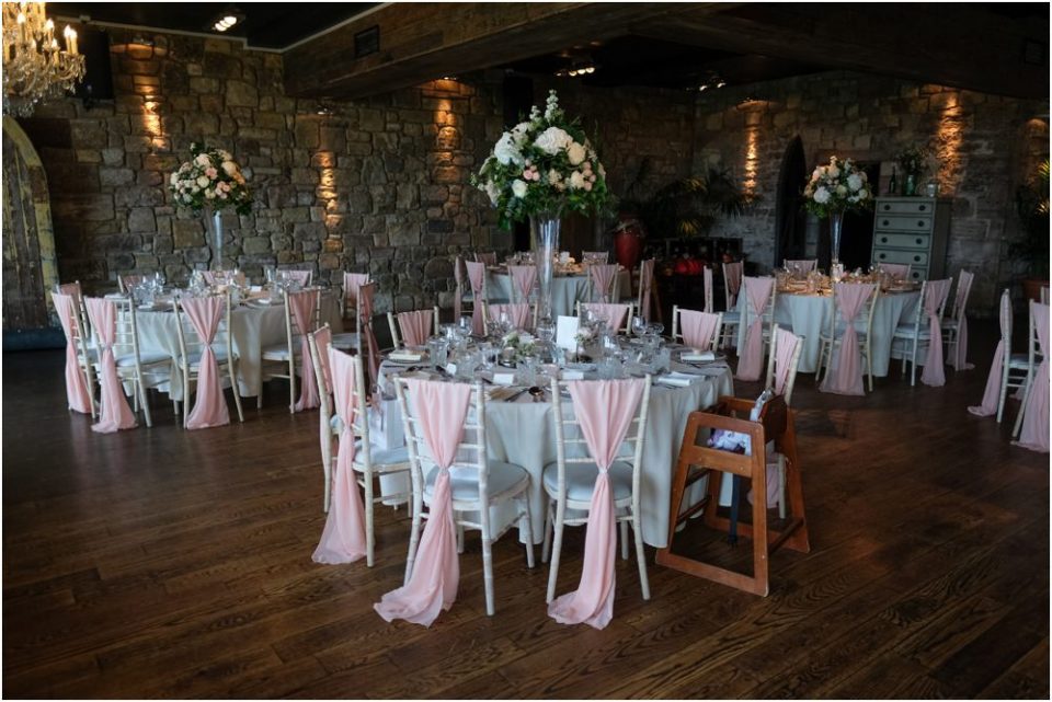 A wedding reception with elegant pink and white tables and chairs, perfect for capturing stunning wedding photographs.