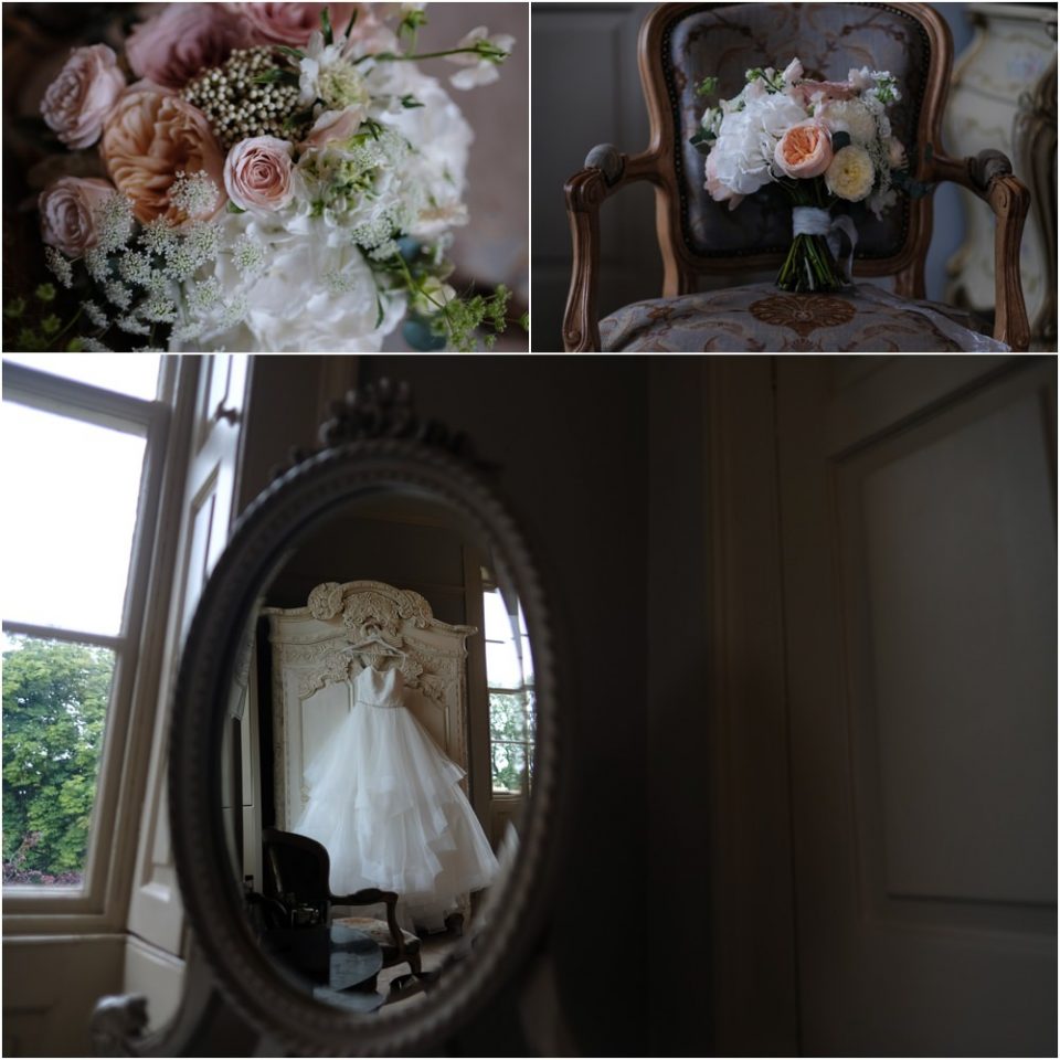 A stunning bride's wedding dress and bouquet beautifully captured in a wedding photograph.