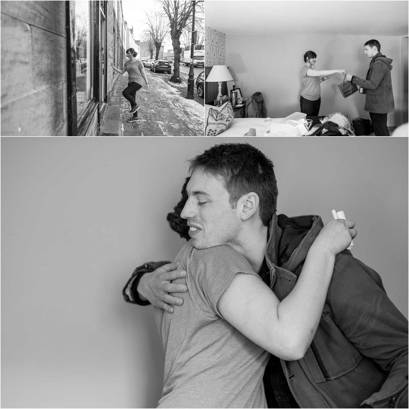 Four captivating wedding photographs capturing the tender moments of a man embracing his beloved bride.
