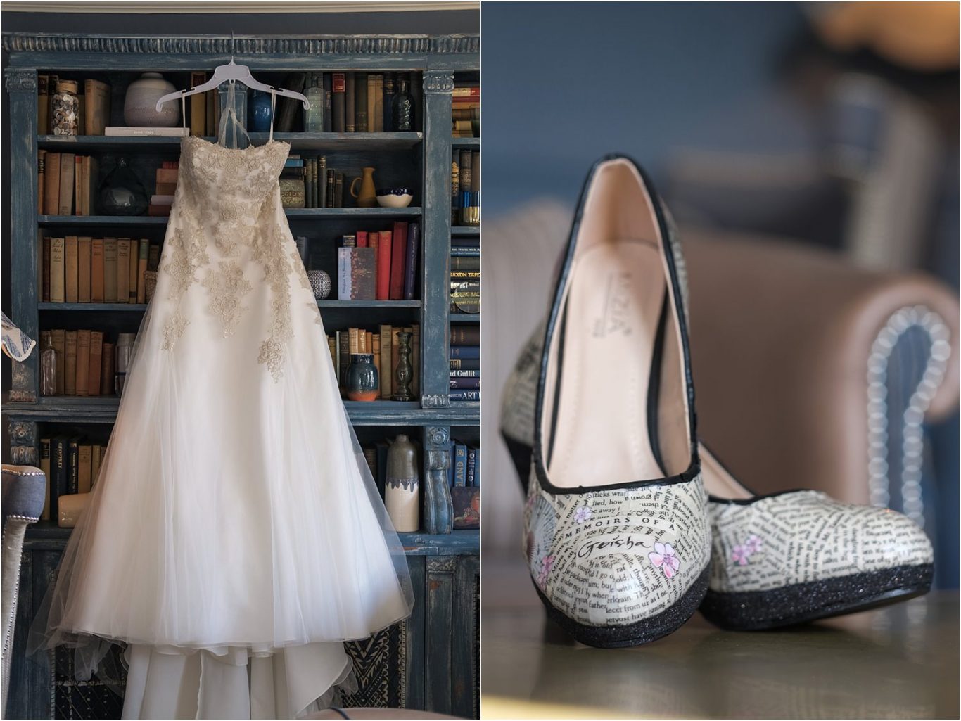 A stunning wedding photo featuring a bridal gown and shoes placed elegantly in front of a grand bookcase.