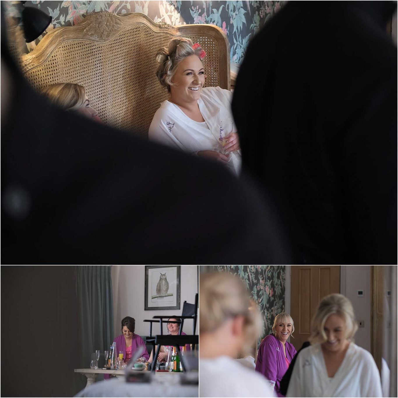A bride is getting ready in a room for her wedding day.
