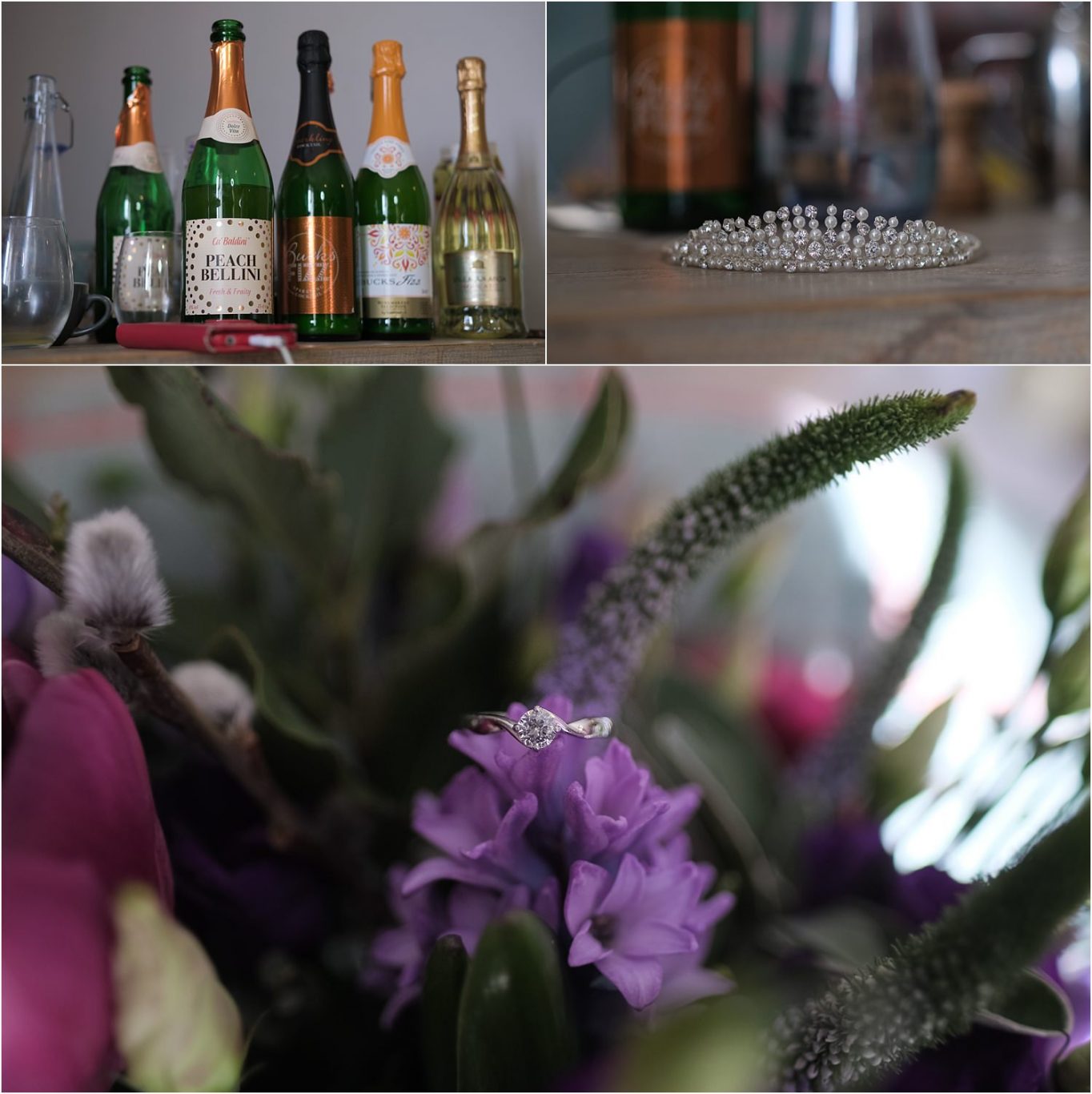 A collection of wedding photographs showcasing bottles of champagne, flowers and a tiara.