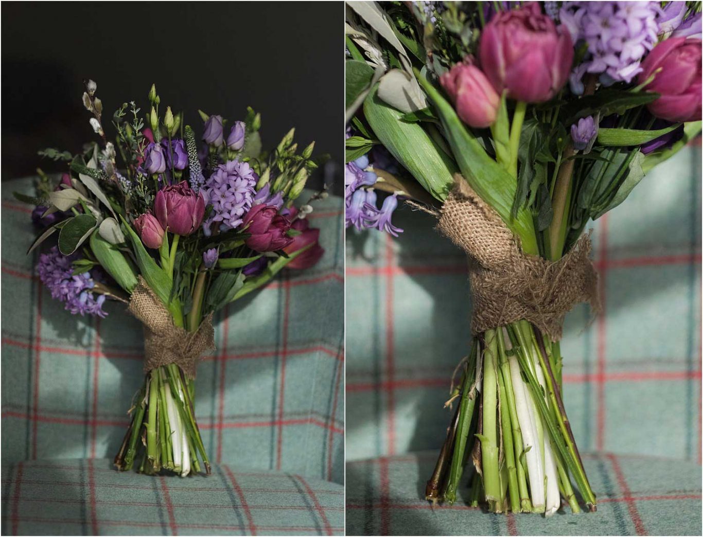 A stunning bouquet of purple tulips, perfect for a wedding photo.