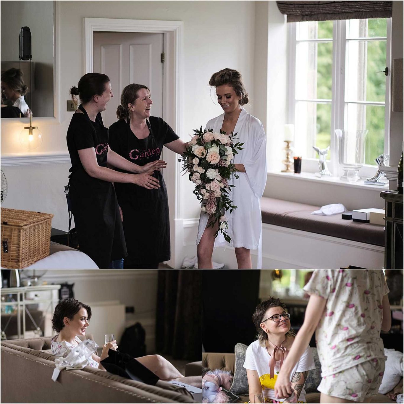 A bride is getting ready in a room with her bridesmaids for her wedding.