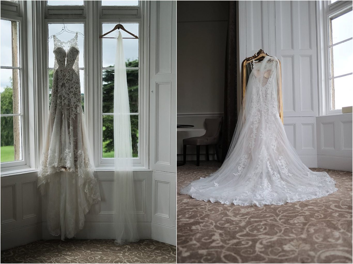 A wedding dress hanging on a wall, beautifully captured in a stunning photograph.