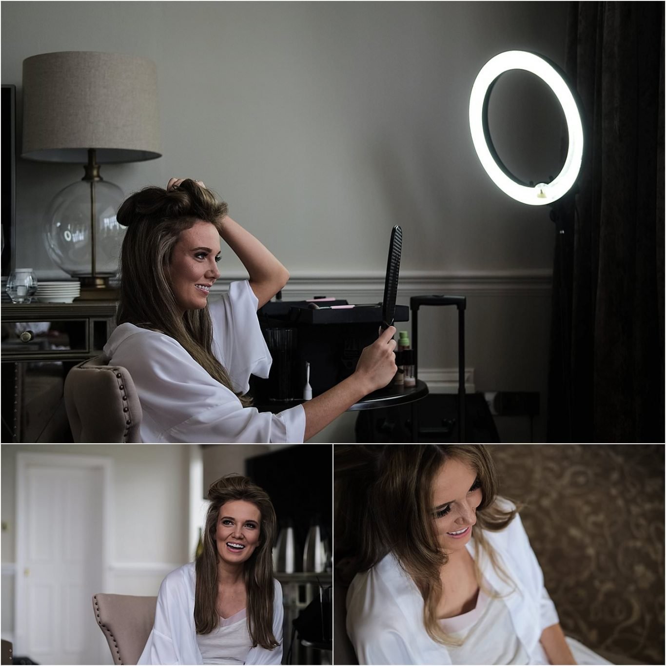 A bride is getting ready in front of a light for her wedding photography session.